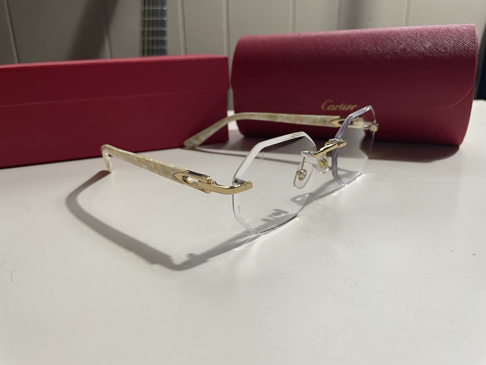 Cartier Rimless Geometric Eyeglasses Gold Tone Metal Frame Unisex Adults