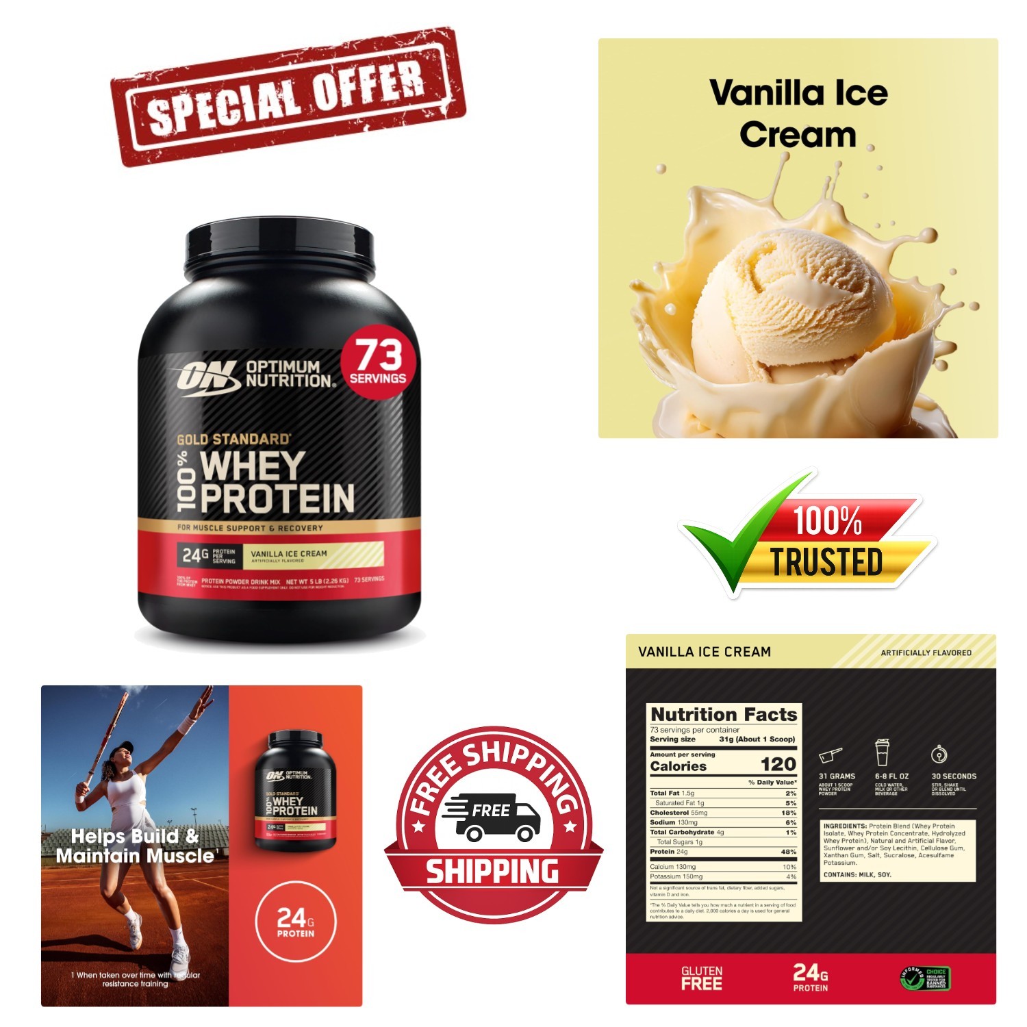 100% Whey Protein Powder – Vanilla Ice Cream, 5 lb for Stronger Muscles
