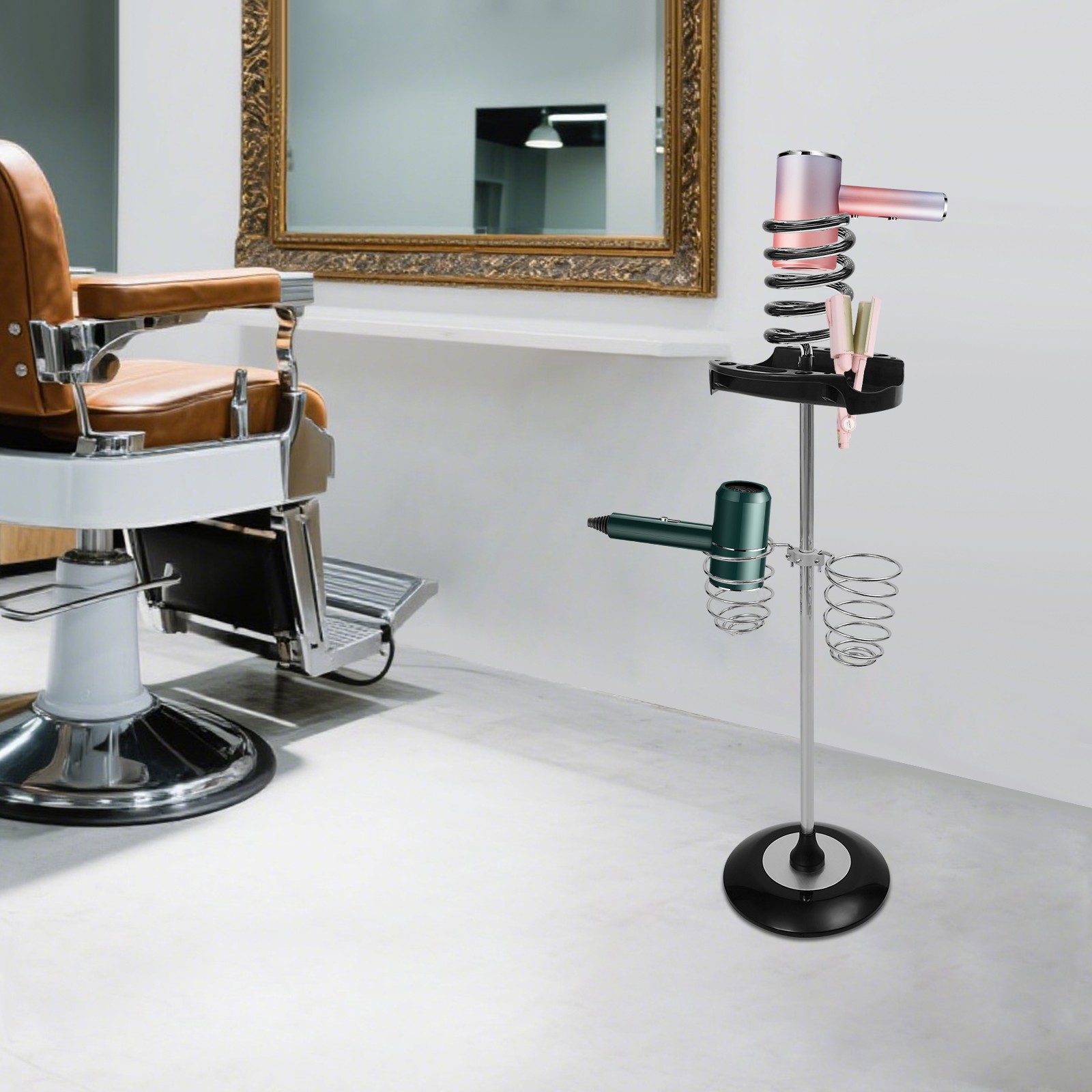 Hair Dryer Stand with Tray & Spiral Holders Freestanding Holder Hands-Free Black