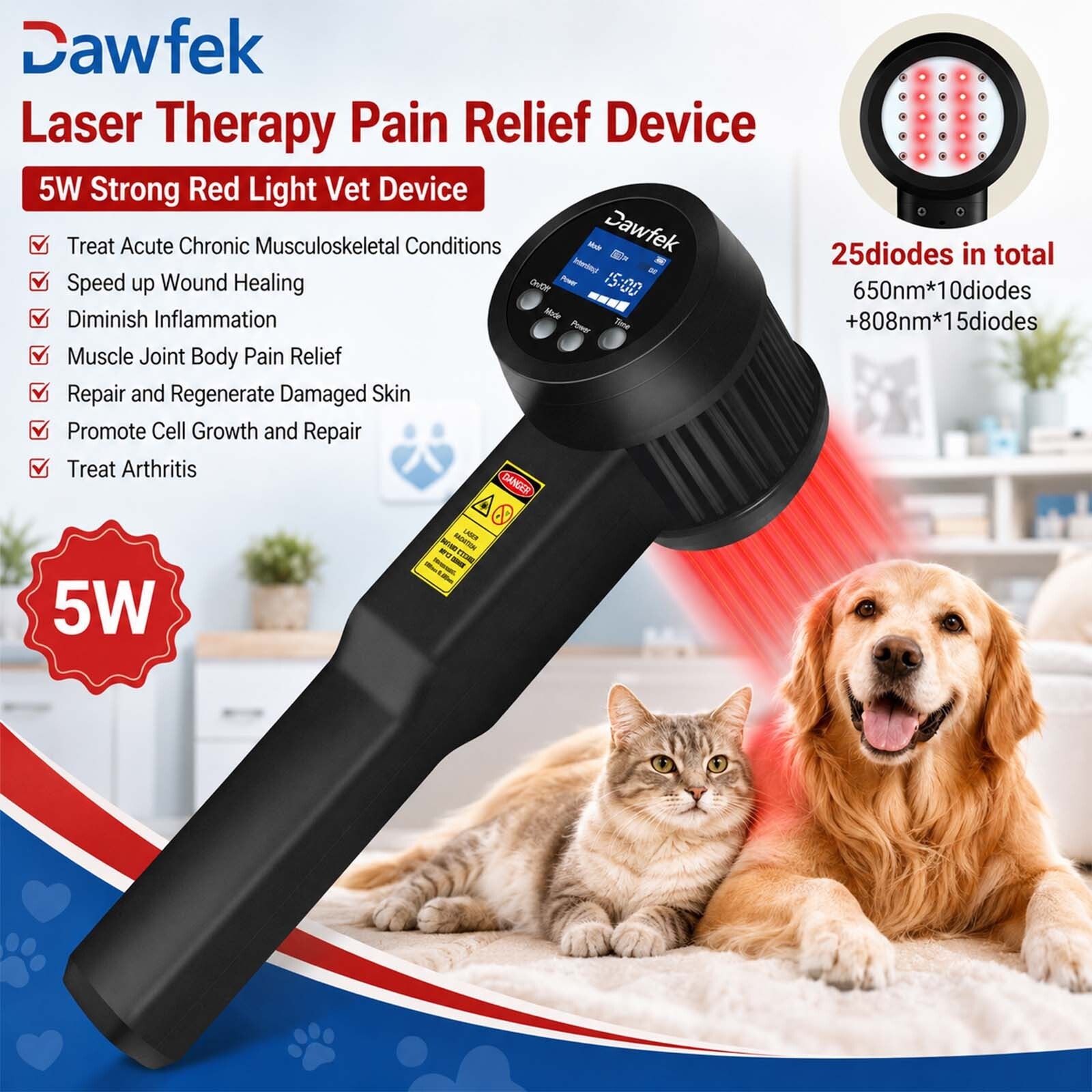 5W Cold Laser Therapy Rechargeable 650NM*10 808NM*15 Pet Dog Back Pain Relief