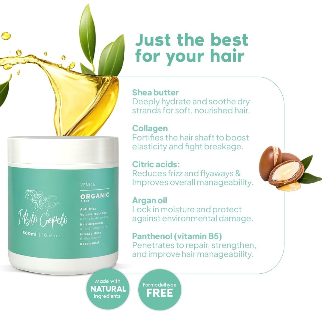 Lot of 4 – I Belli Capelli Venice Organic Btox Hair Mask – 500ml – Anti Frizz