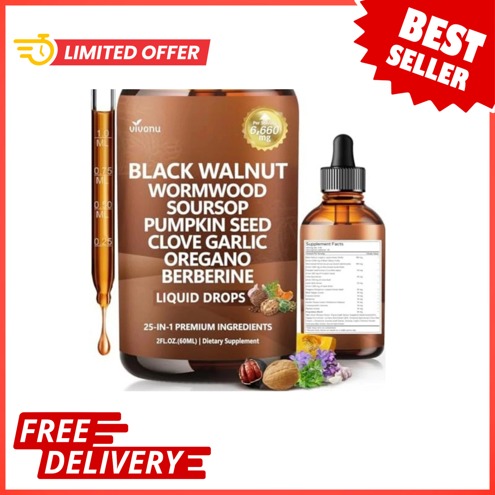 25-in-1 Liposomal Black Walnut Wormwood Clove Tincture, Cleanse for Humans Drops