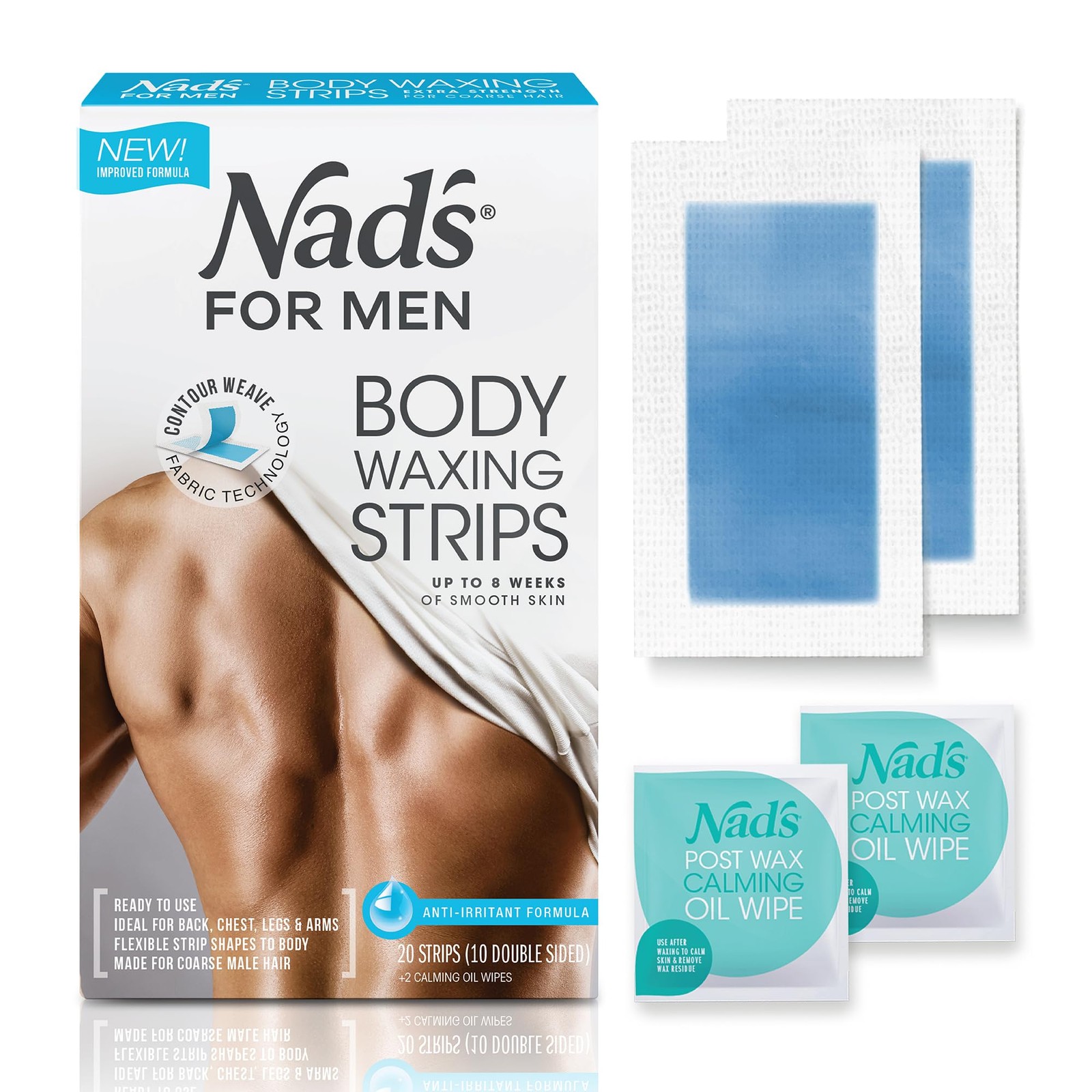 Nad’s For Men Body Wax Strips – Hair Removal 20 Count (Pack of 1), WHITE