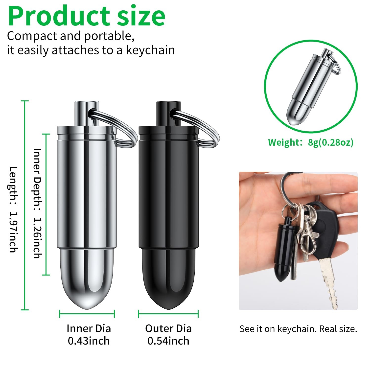 TecQach Pill Holder Keychain 2 Pack Black Silver