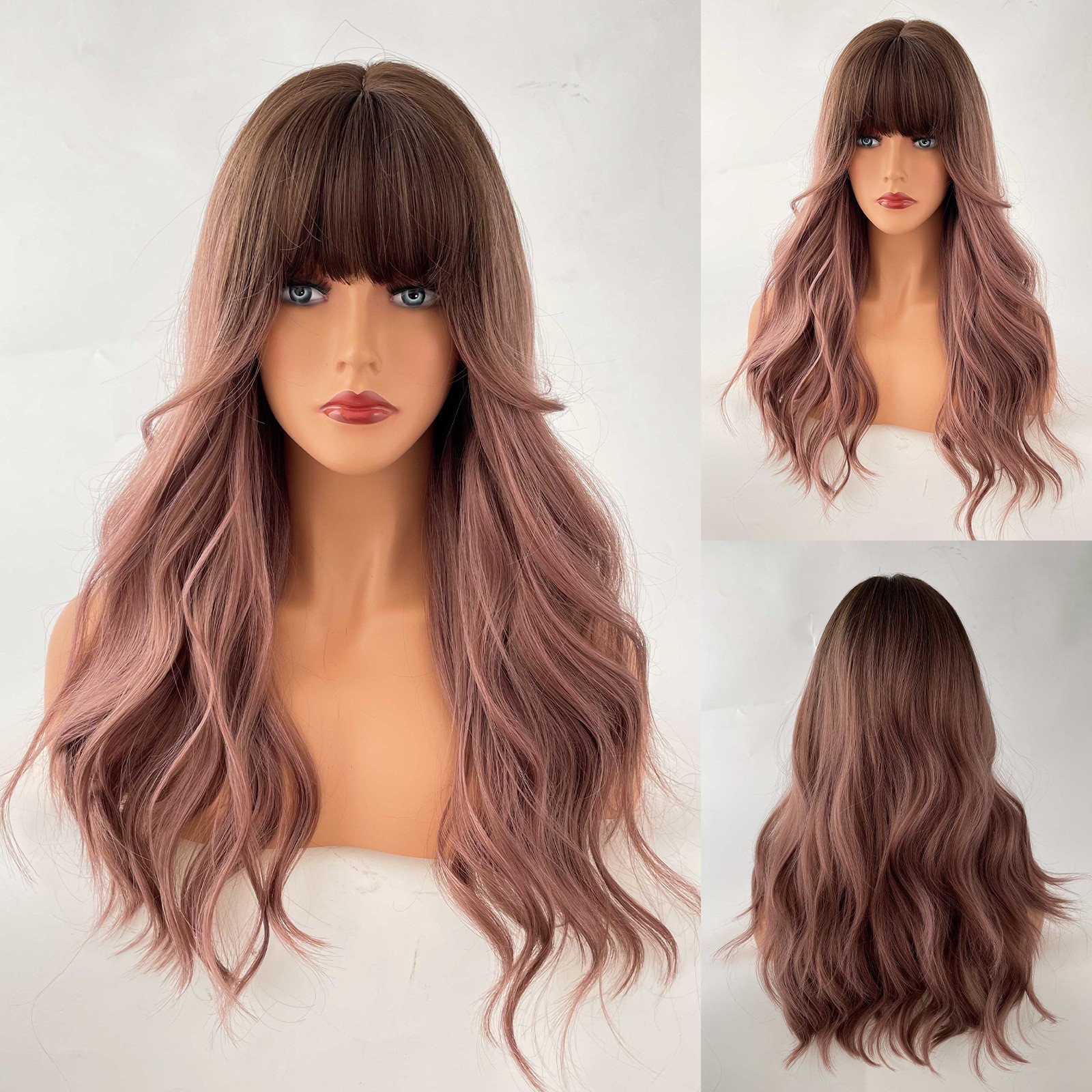 Pink Brown Long Wavy Wig with Bangs Fluffy Natural Voluminous Full Head Wig for