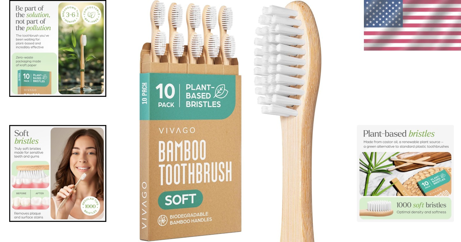 Bamboo Toothbrushes Eco-Friendly Soft Bristles 10 Pack Natural Wooden Toothbrush