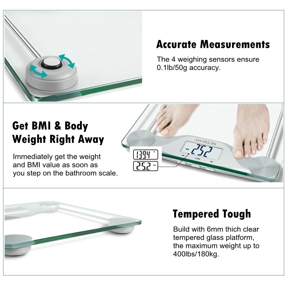 BMI Scale for Body Weight Digital Bathroom Scales 0.1Lb Silver | Tempered Glass,