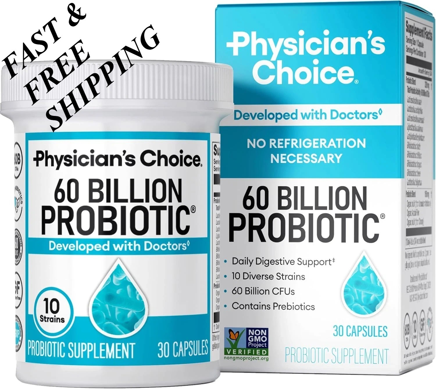 2 BOTTLES- Physician’s Choice 60&Billion Probiotic Dietary Supplement-30Capsules