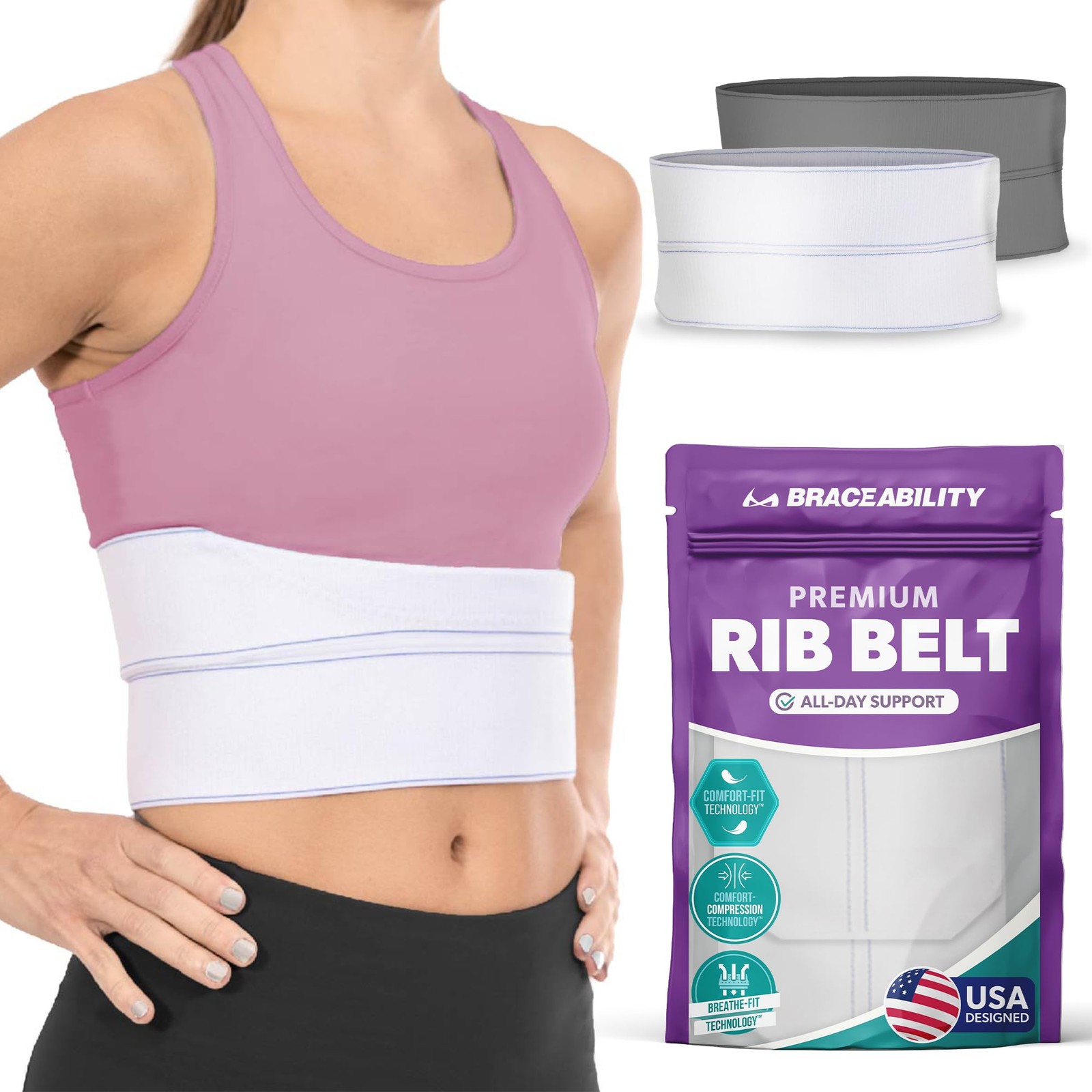 BraceAbility Broken Rib Brace for Women and Men – Universal Female, White
