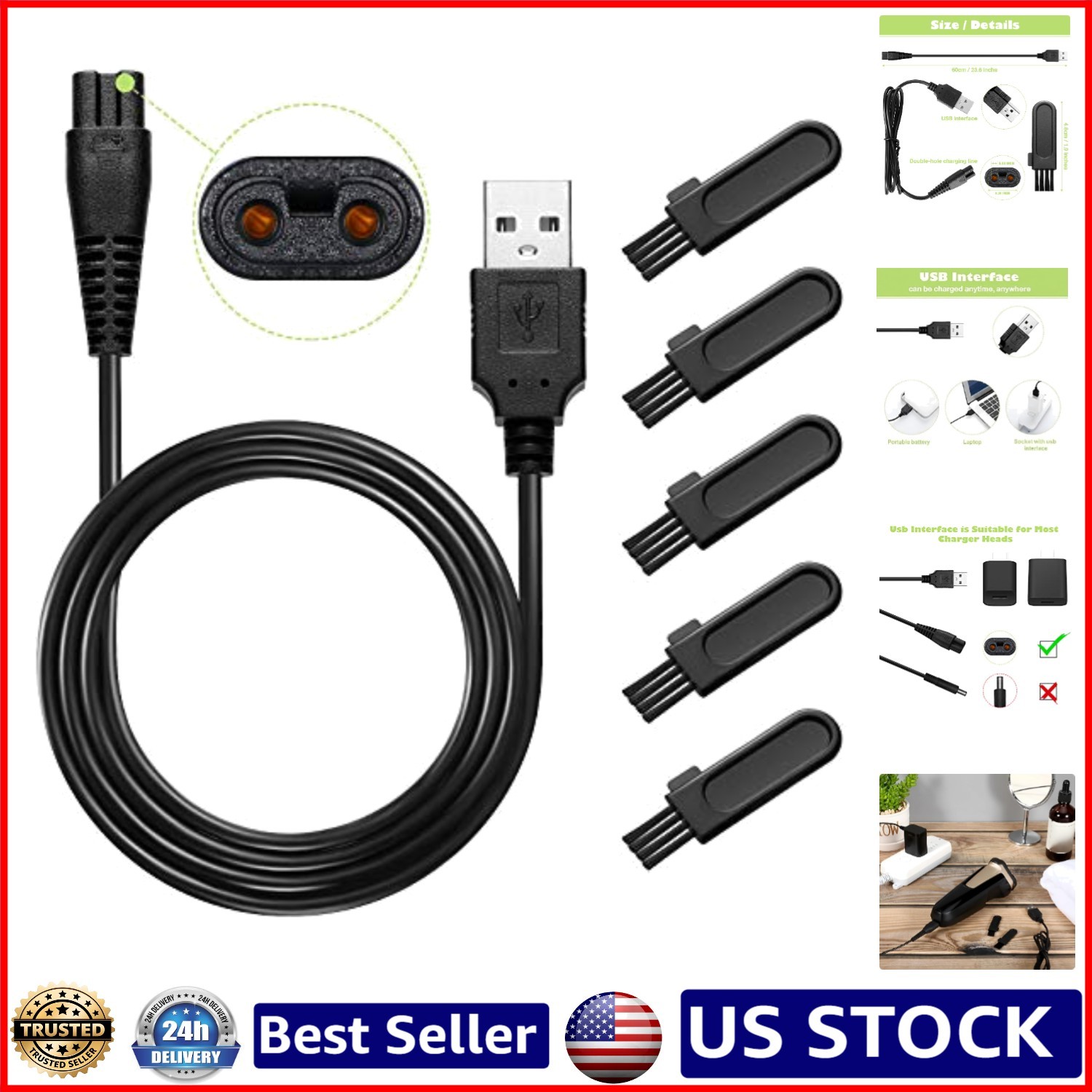 Fast Charging USB Shaver Replacement Cord and Brush Set Compatible with Norelco