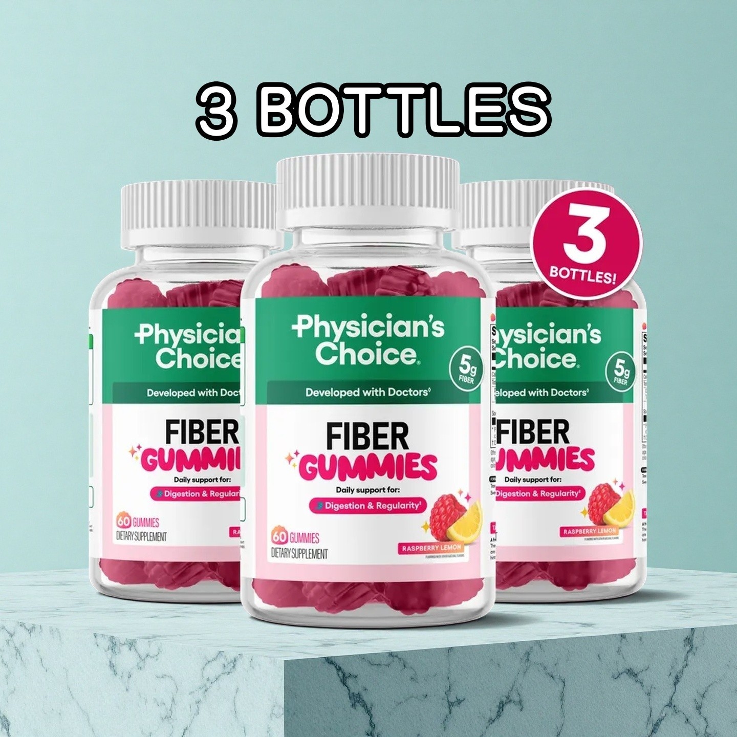 3 BOTTLES Physician’s Choice Fiber Gummies: Digestive Health & Regularity