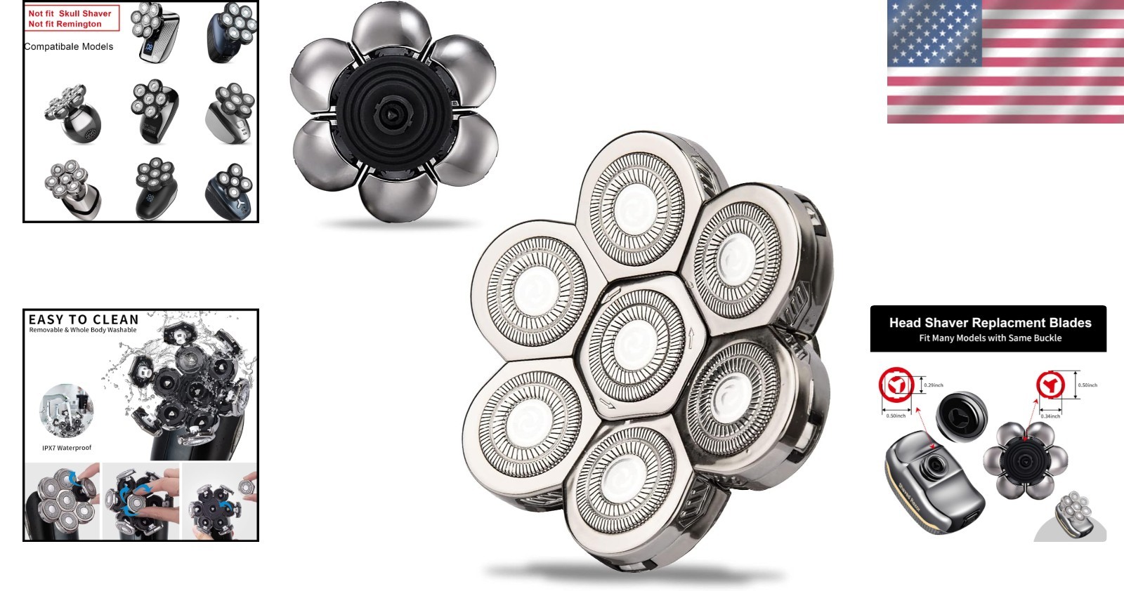 Self-Sharpening 7D Rotary Blades – 7 Pack Silver Replacement Heads for Shaving