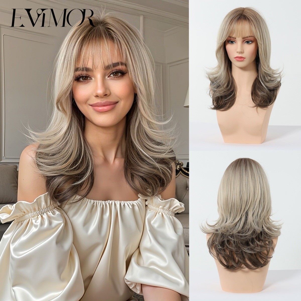 Full Bangs Ombre Layered Medium Long Linen Gold Brown Balayage Fluffy Synthetic