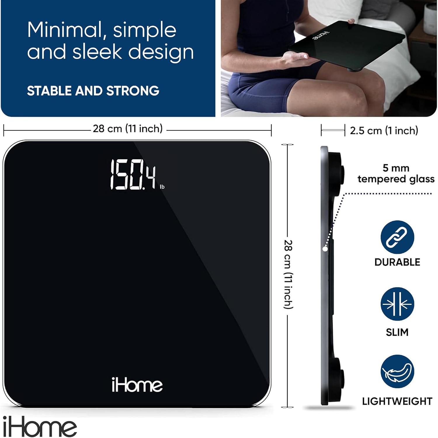 Digital Bathroom Scale Body Weight LCD Display Tempered Glass Black Scale