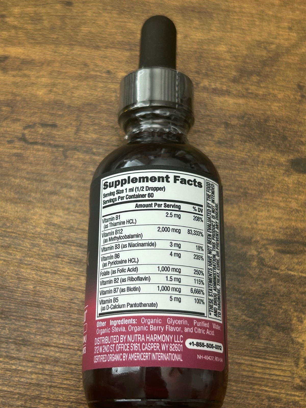 Nutra Harmony Organic B-Complex Liquid Drops 8-in-1 with B12 2 fl oz New Sealed