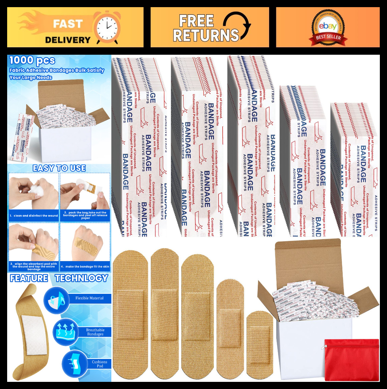 1000 Pcs Assorted Fabric Adhesive Bandages – Flexible, Breathable First Aid Patc