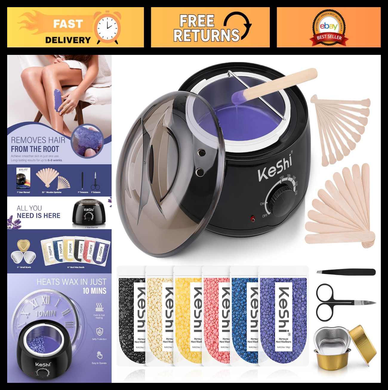 Painless Waxing Kit with Wax Warmer & 6 Hard Wax Beans for Full Body, Face, Legs