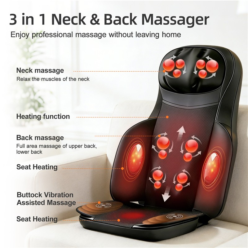 3-in-1 Full Body Massage Mat Shiatsu Heat Vibration Therapy Adjustable Intensity