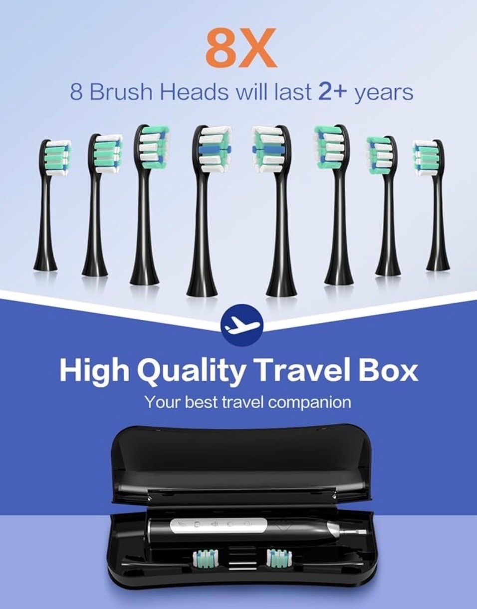 Sonic Electric Toothbrushes for Adults – Rechargeable with Travel Case, 8 Brush
