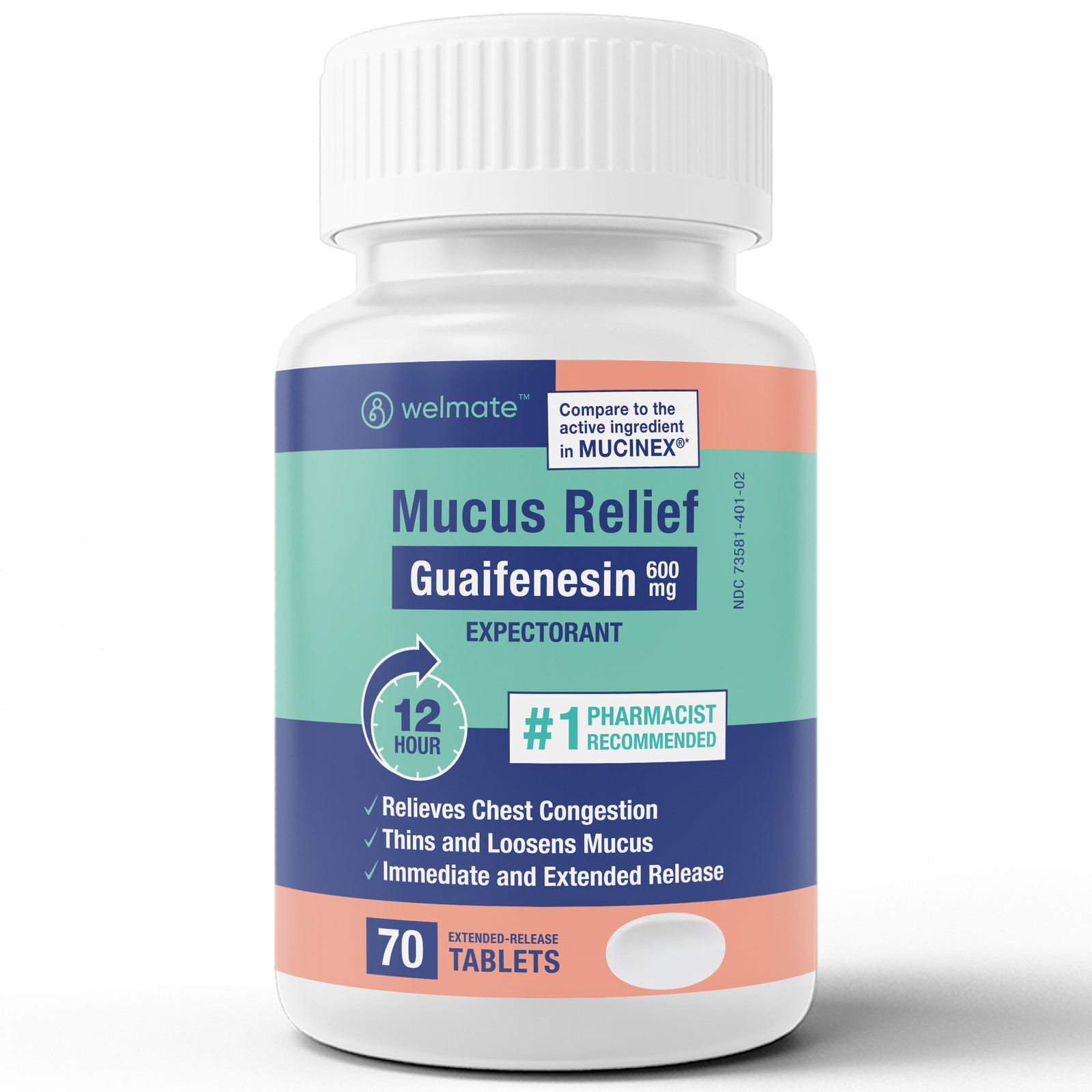 Welmate Mucus Relief | Guaifenesin 600 mg 12 Hour | 70 Count Extended-Release