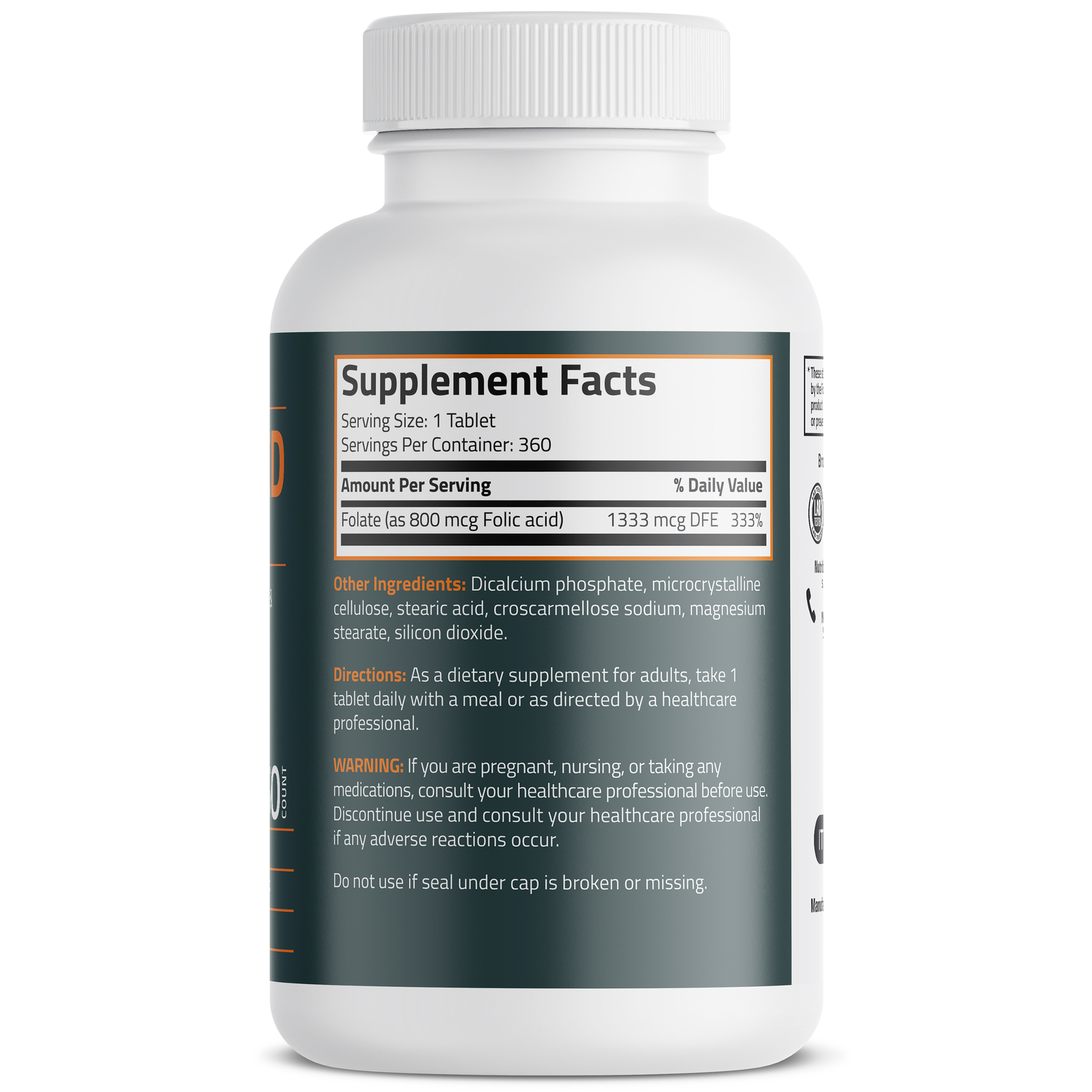Bronson Folic Acid 800 MCG Prenatal Development 1 Year Supply 360 Tablets