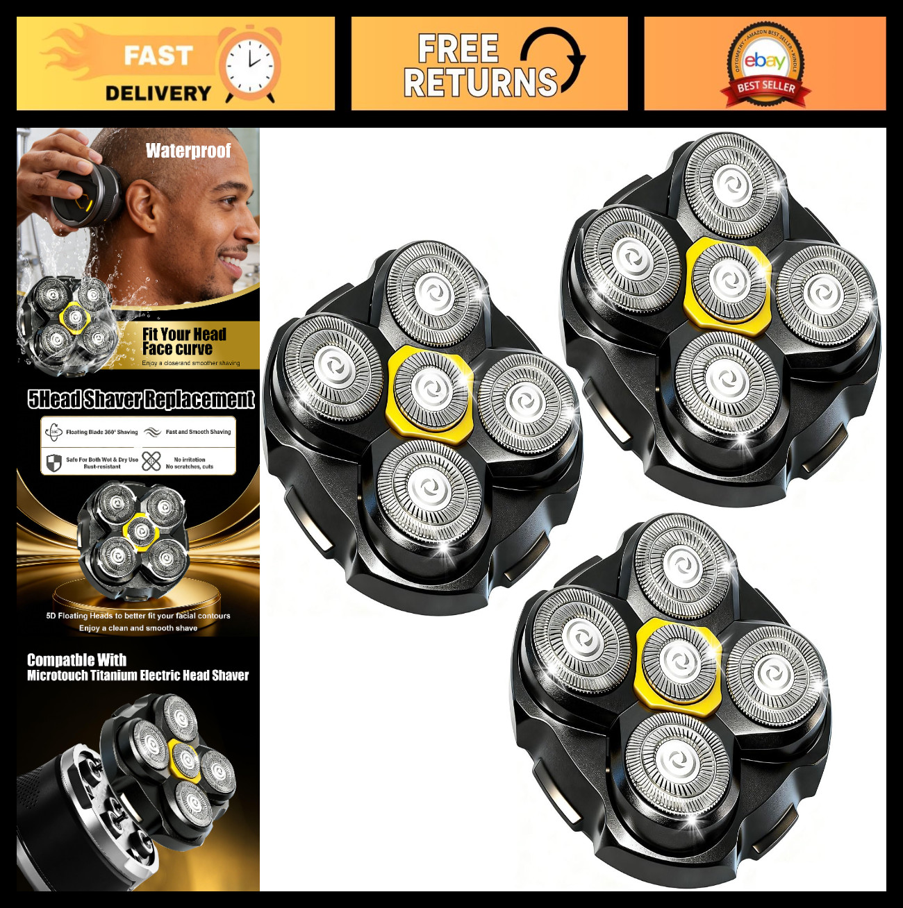 Replacement Heads for 5 Head Shaver – 3 Count, Wet/Dry Shaving for Bald Men