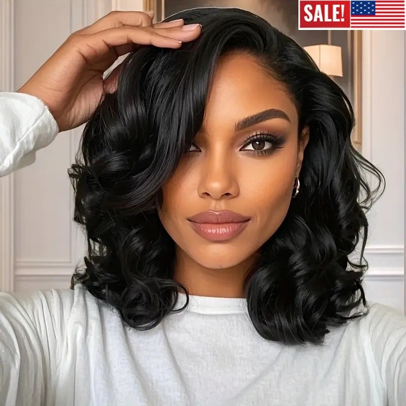 14″ Brazilian Bob Wigs Human Hair Natural Black Wave Lace Front Glueless Wigs