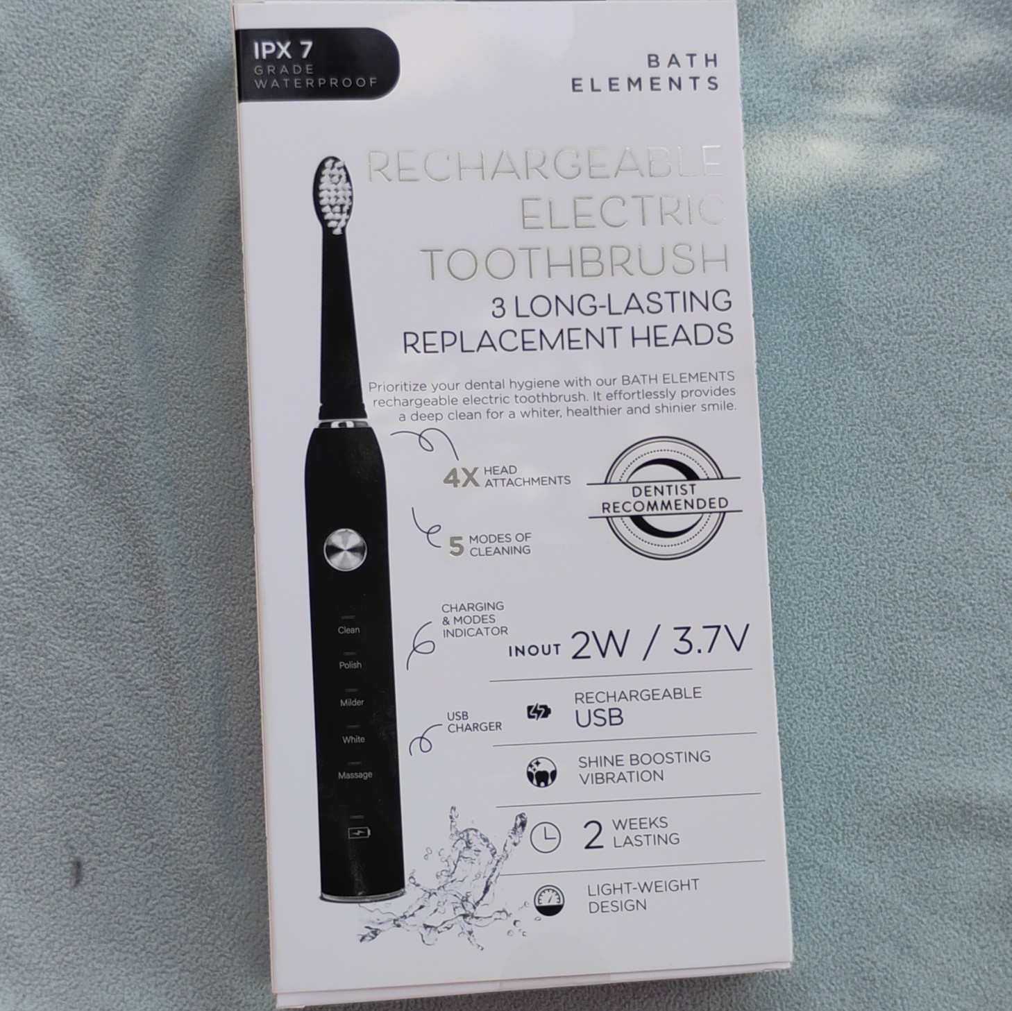 Bath Elements Sonic Rechargeable IPX7 Electric Toothbrush Black 5-Speed +3 Heads