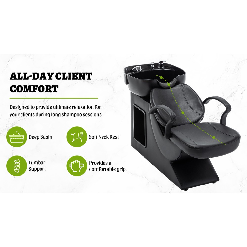 Salon Shampoo Bowl and Chair Set ABS Sink PU Leather Black