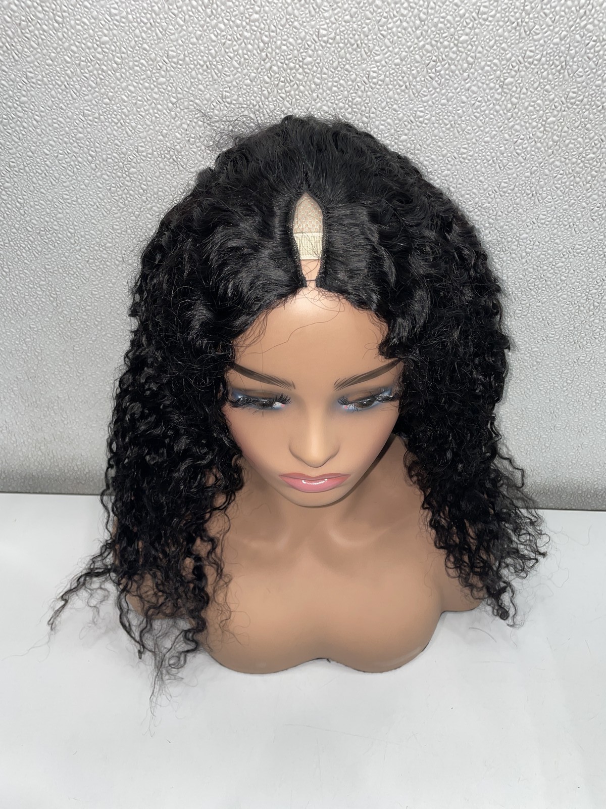 Black 20in Kinky Curly Human Hair V Part Glueless Wig
