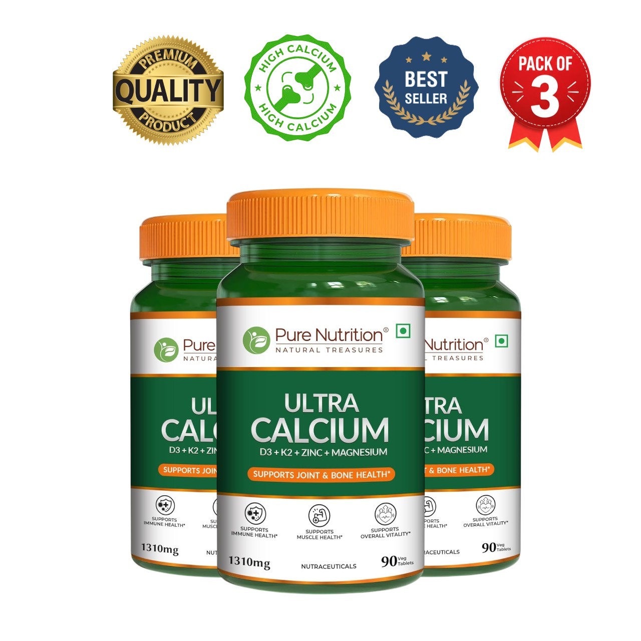 3 Pack PURE .NUTRITION Ultra Calcium D3 K2 270 Veg Tabs