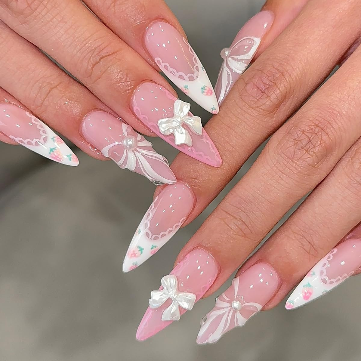 24Pcs Medium Almond Press on Nails Pink Valentines Fake Nails 3D Metal Bow Acryl