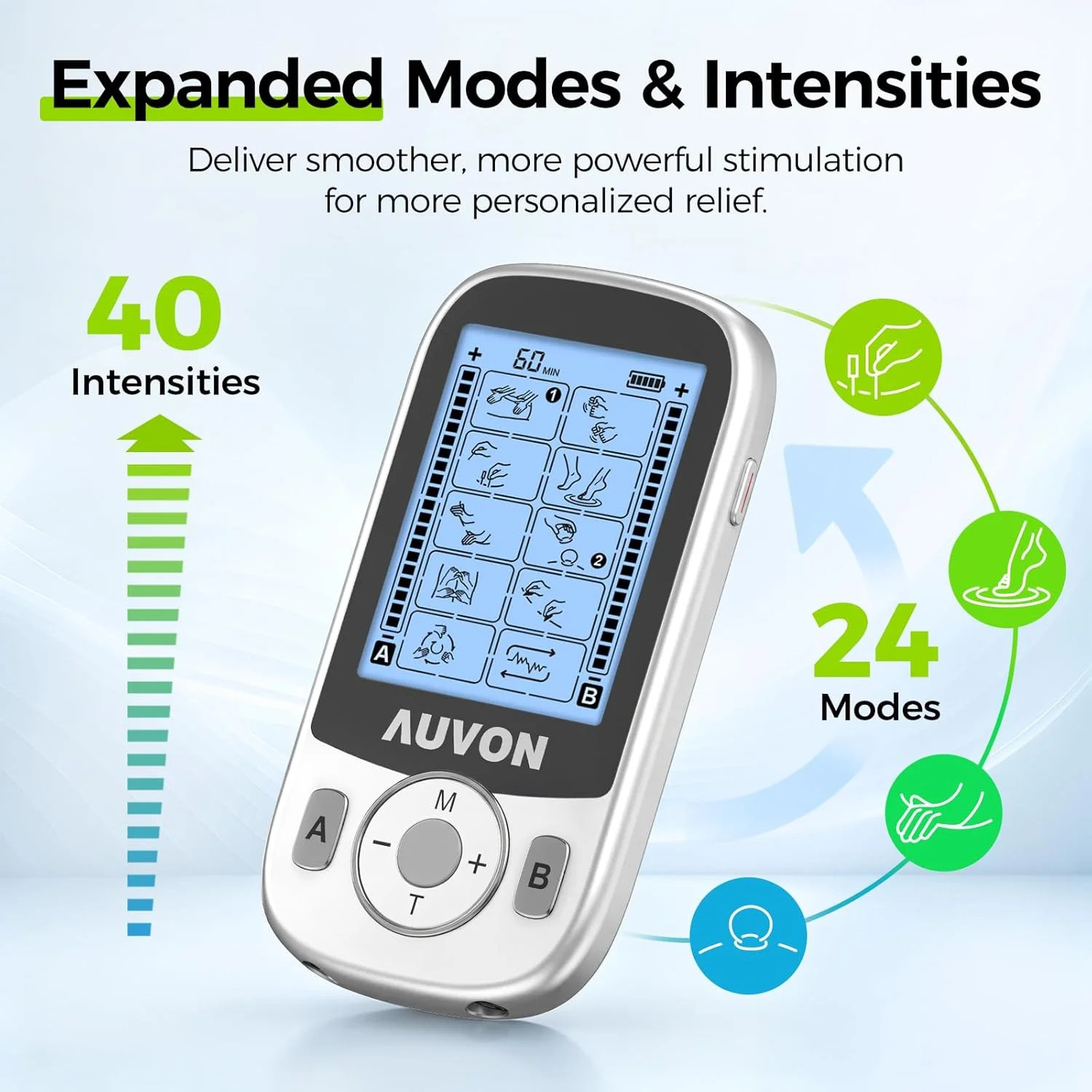 AUVON Rechargeable 24-Mode TENS Unit with Independent Dual Channels for Back Pai