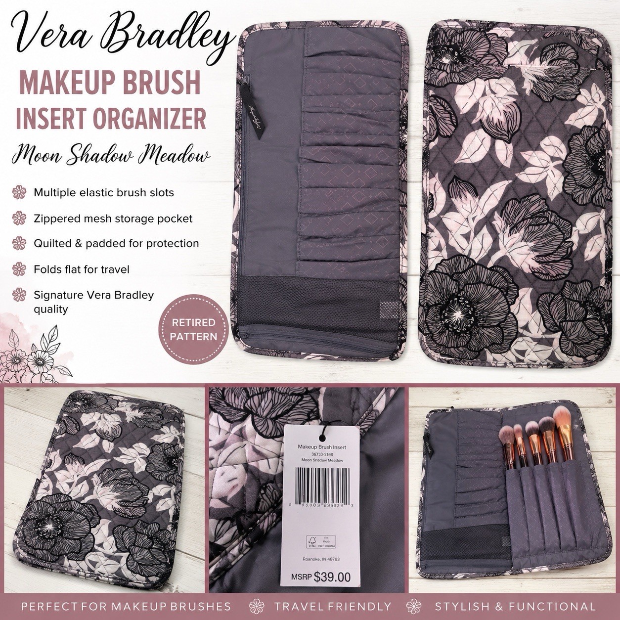 NWT Vera Bradley Quilted Fabric Cosmetic Brush Folding Case Moon Shadow Meadow