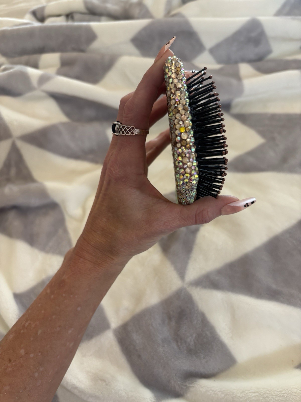 Bling Rhinestone Paddle Hair Brush Gold & Clear Cushion Base 10 in Rectangle