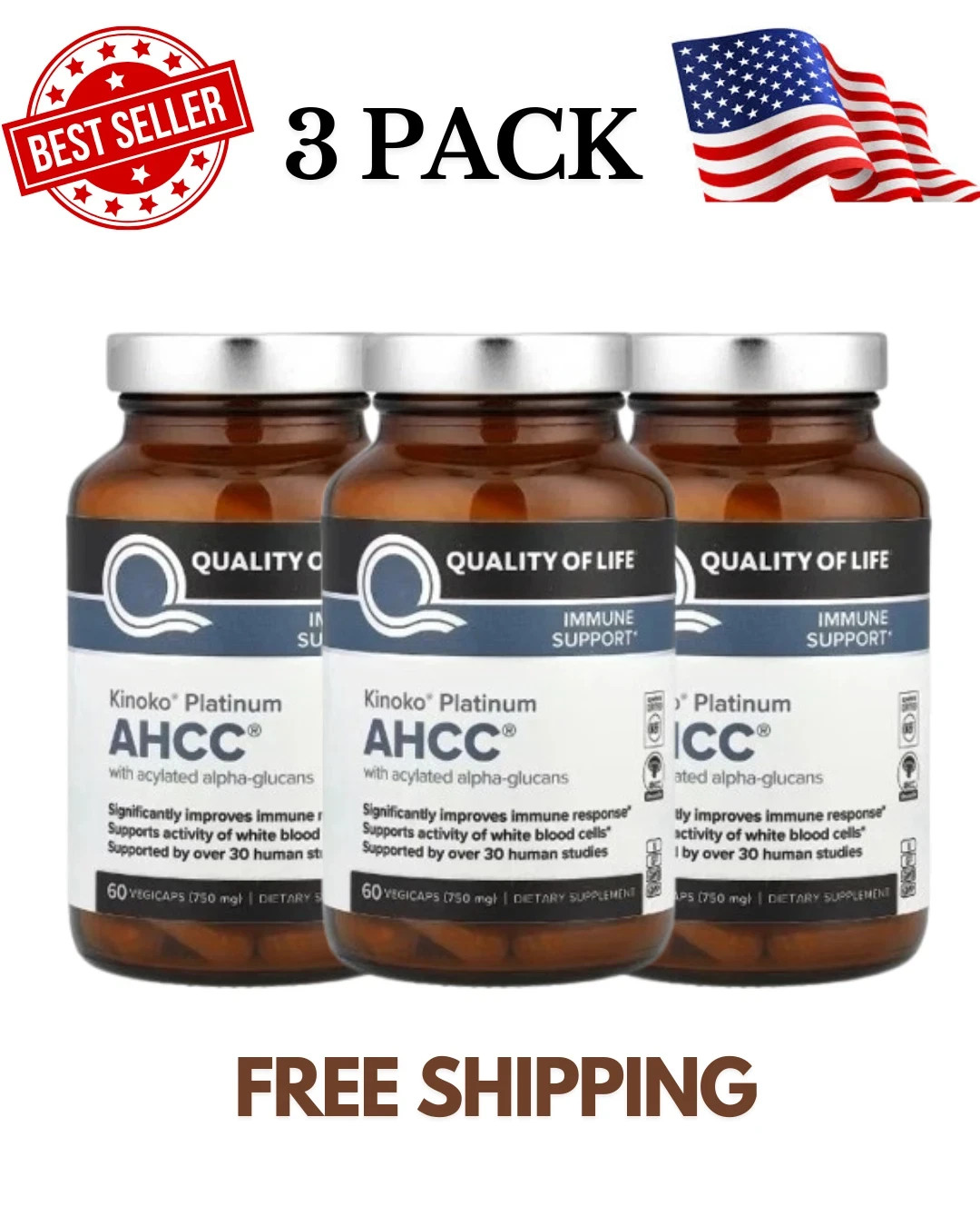 Kinoko Platinum AHCC, 3 PACK, Support, Immune 750 mg, 60 Softgels each 180 total