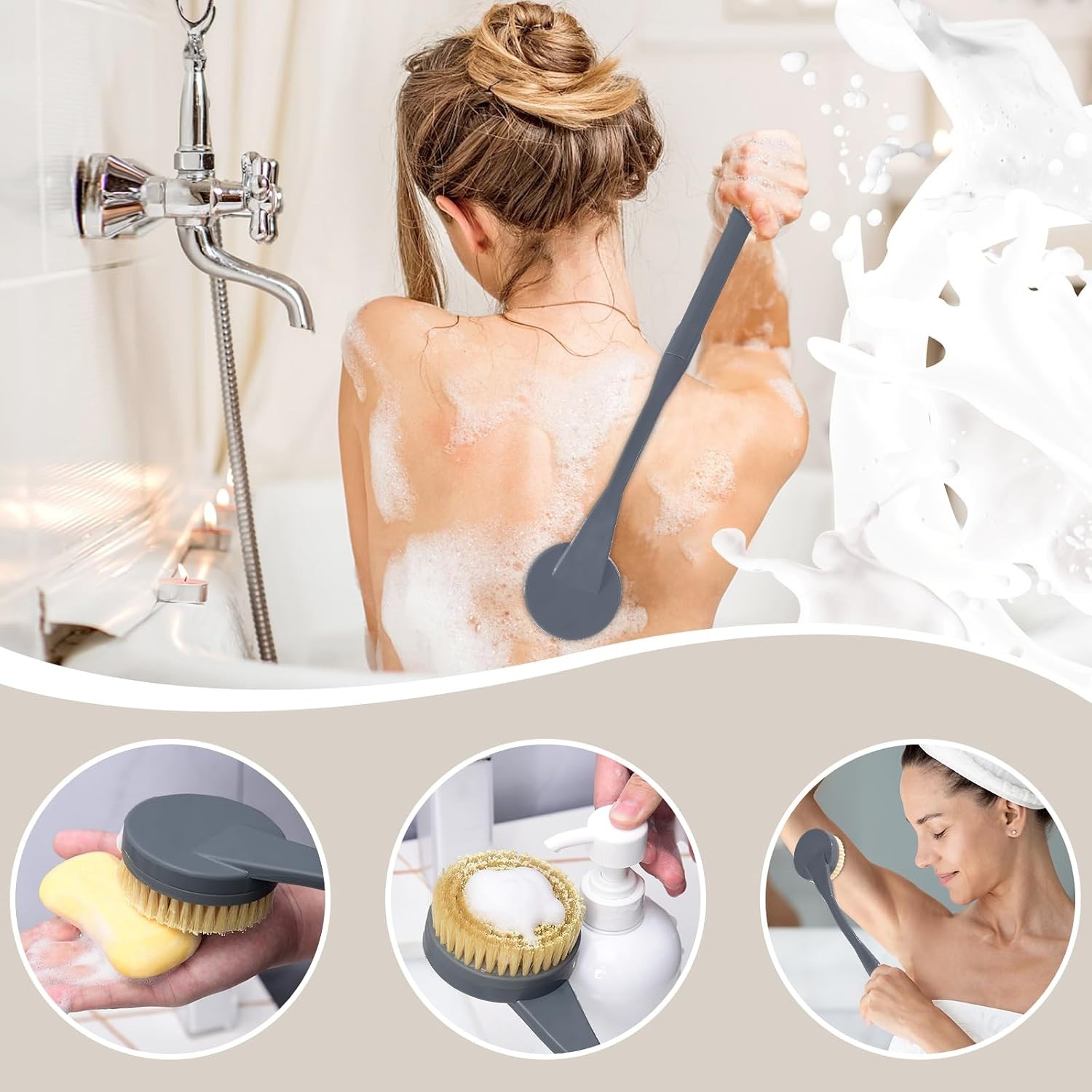 Back Scrubber for Shower, 20.5″ Long Handle Body Brush, Deep Clean, Grey