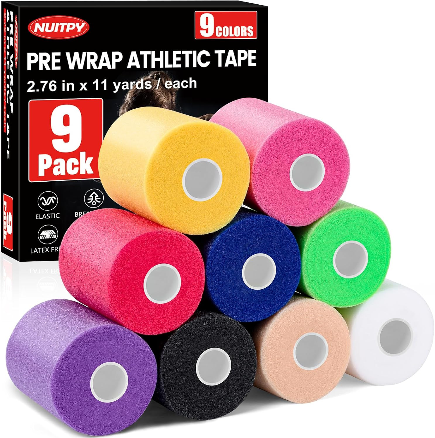 9 Pack Pre Wrap Tape, 9 Colors 2.76 Inch X 11 Yards Prewrap Athletic Tape