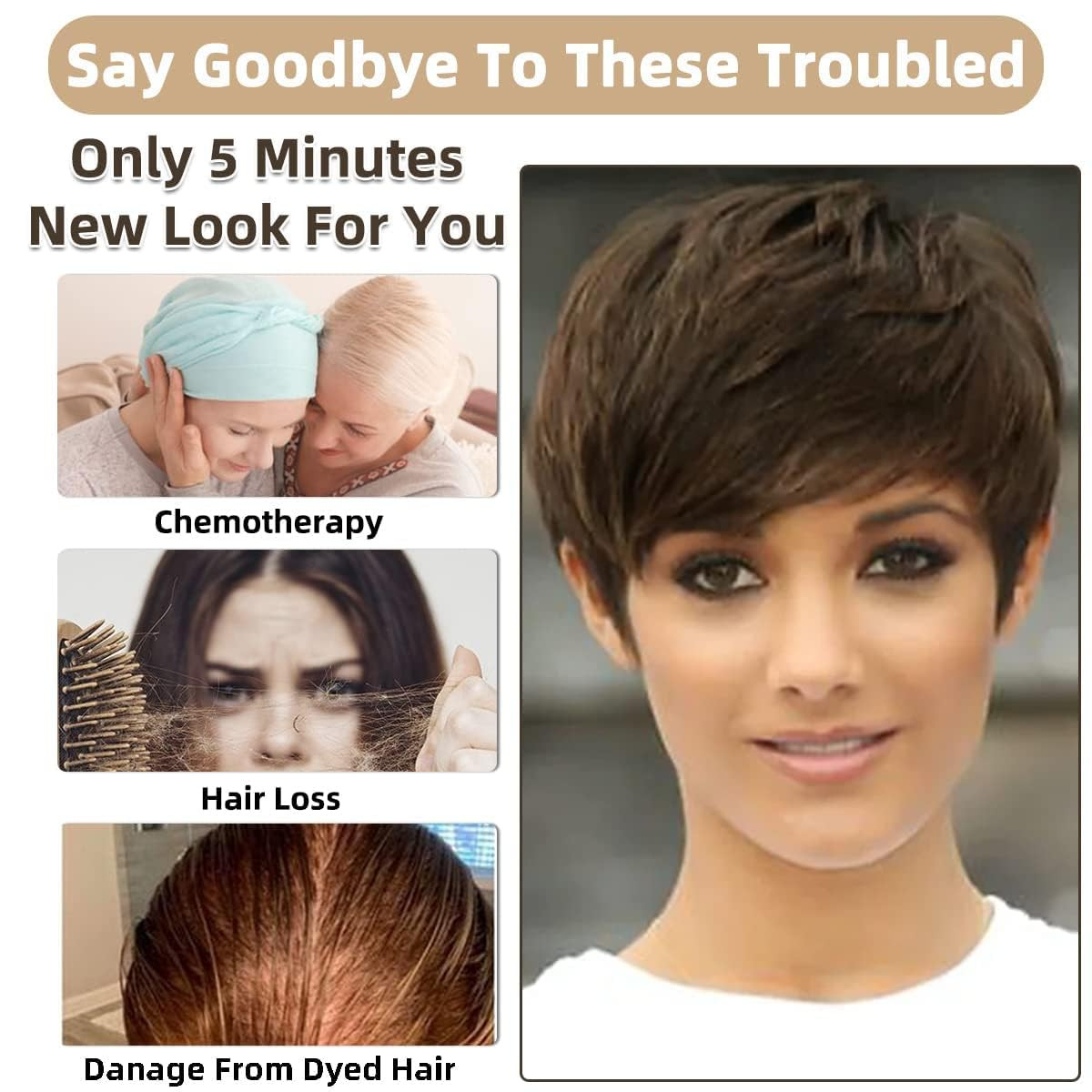 Pixie Cut Wigs Short Stylish Fluffy Layer Wig None Lace B-Chocolate Brown
