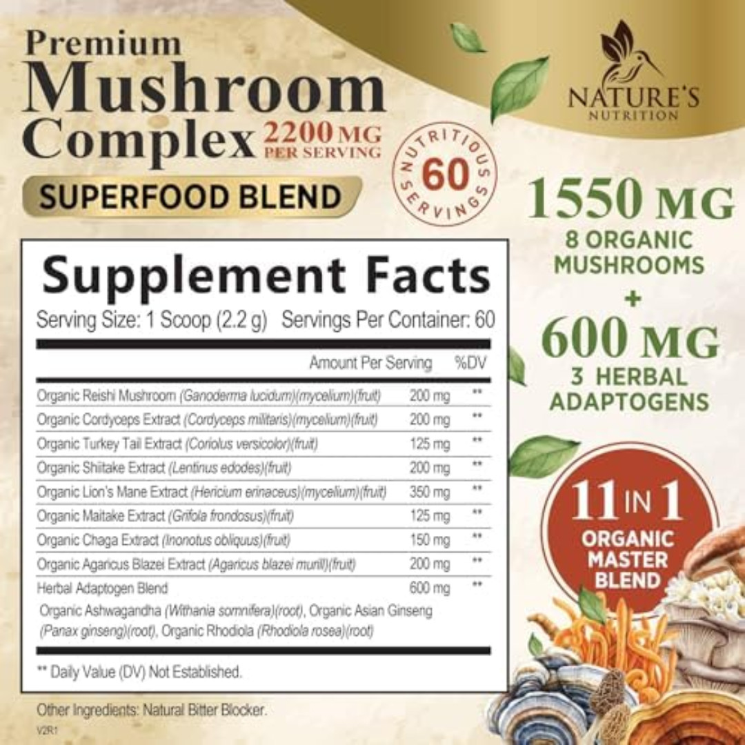 Mushroom Supplement Powder – 11 in 1 Complex Formula Powder with Organic Lions M