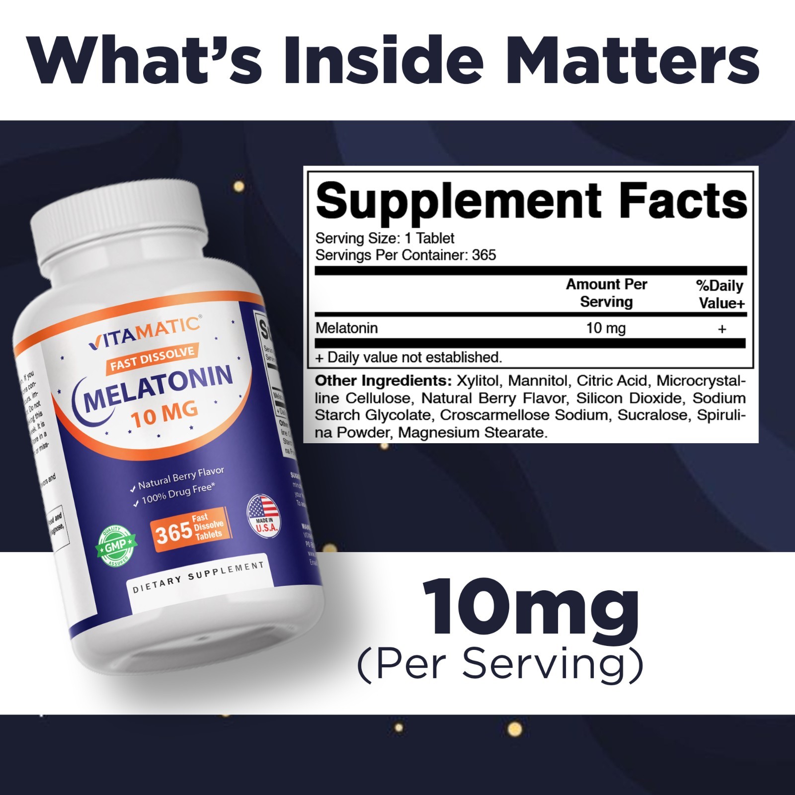 Vitamatic Melatonin 10 mg Tablets | Non-GMO, Gluten Free, 1 Year Supply