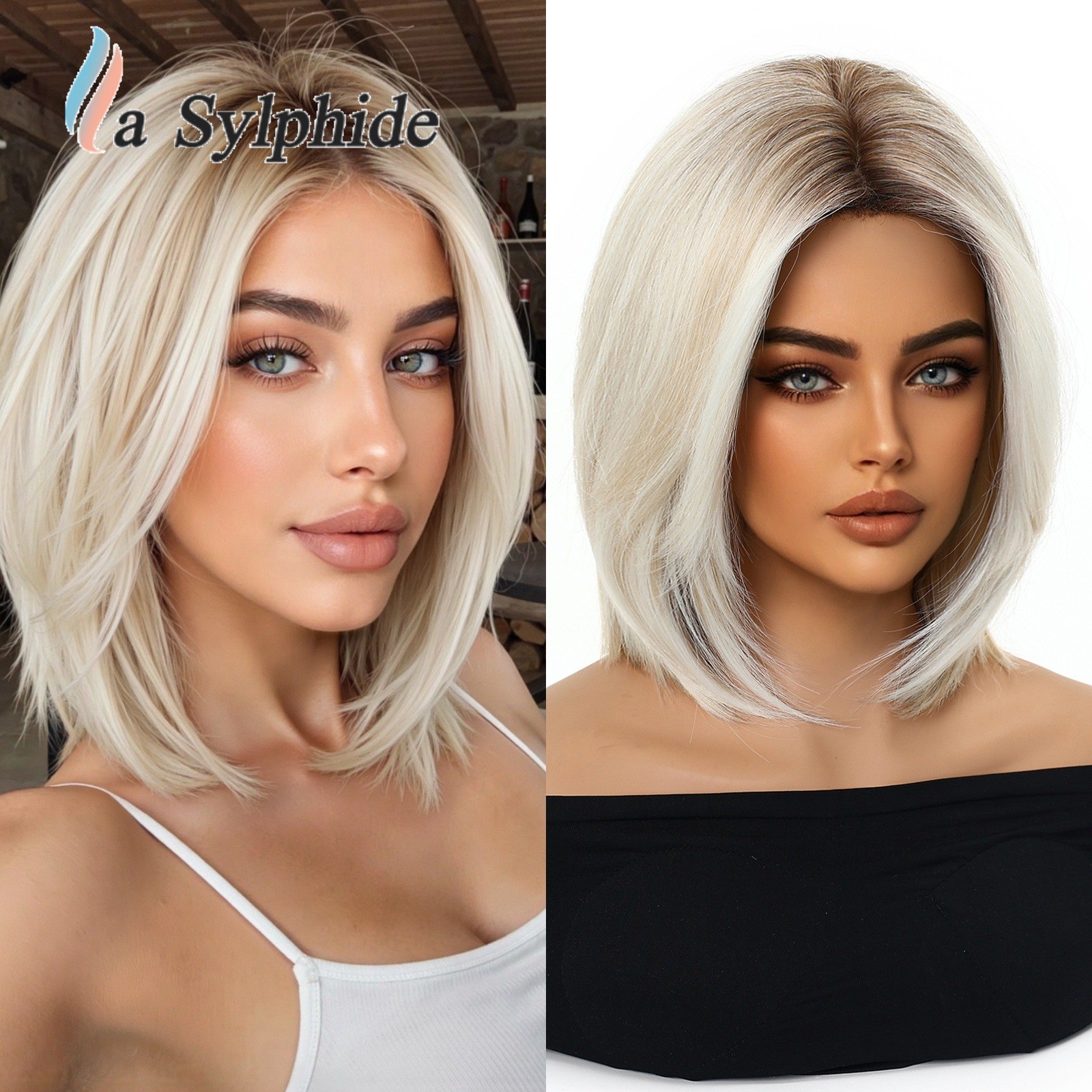 Brown Ombre Middle Part Shoulder Length Short Wig for Women European Style