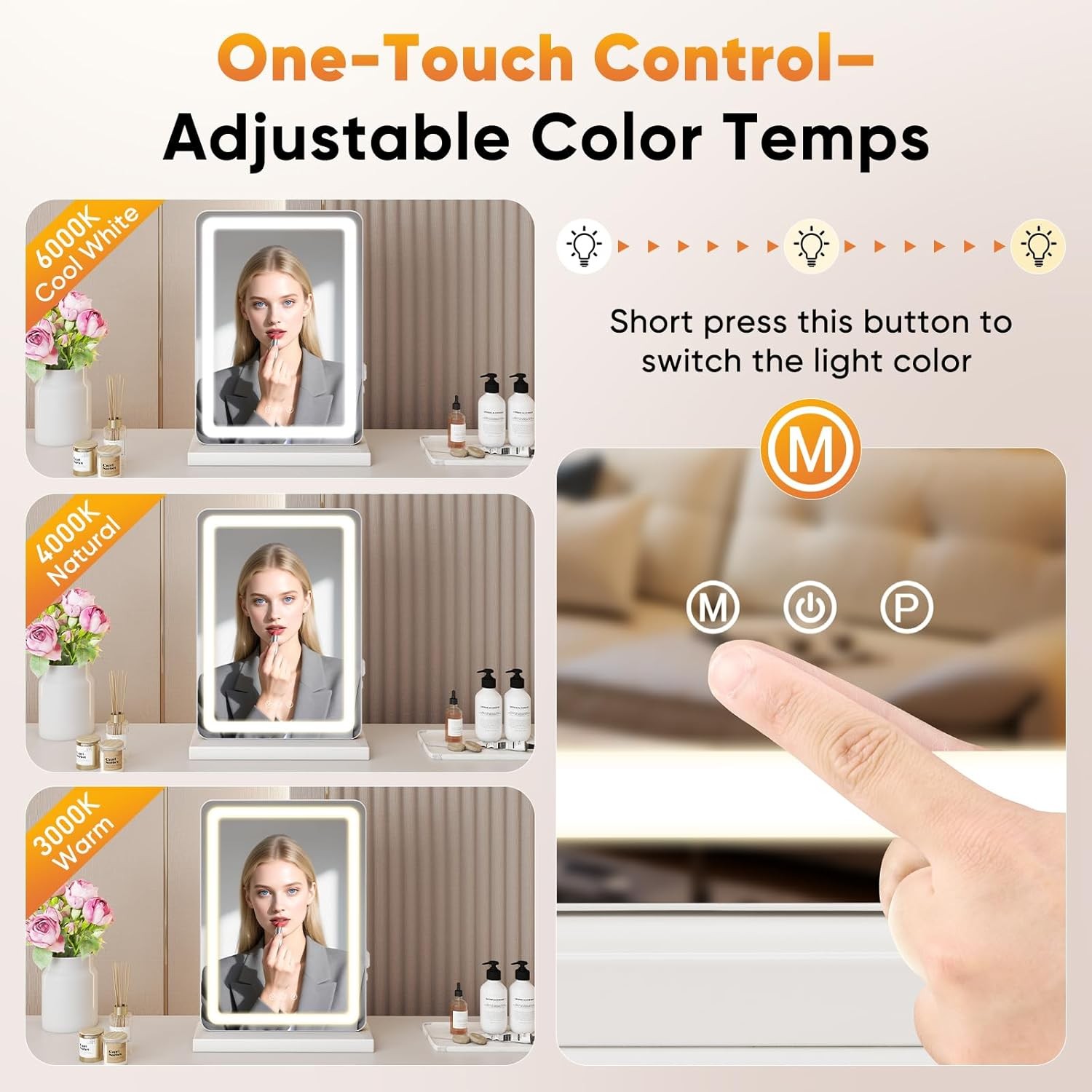 LED Vanity Mirror w/ USB Charging,Dimmable 3 Color Lights,w/ Smart Touch Control
