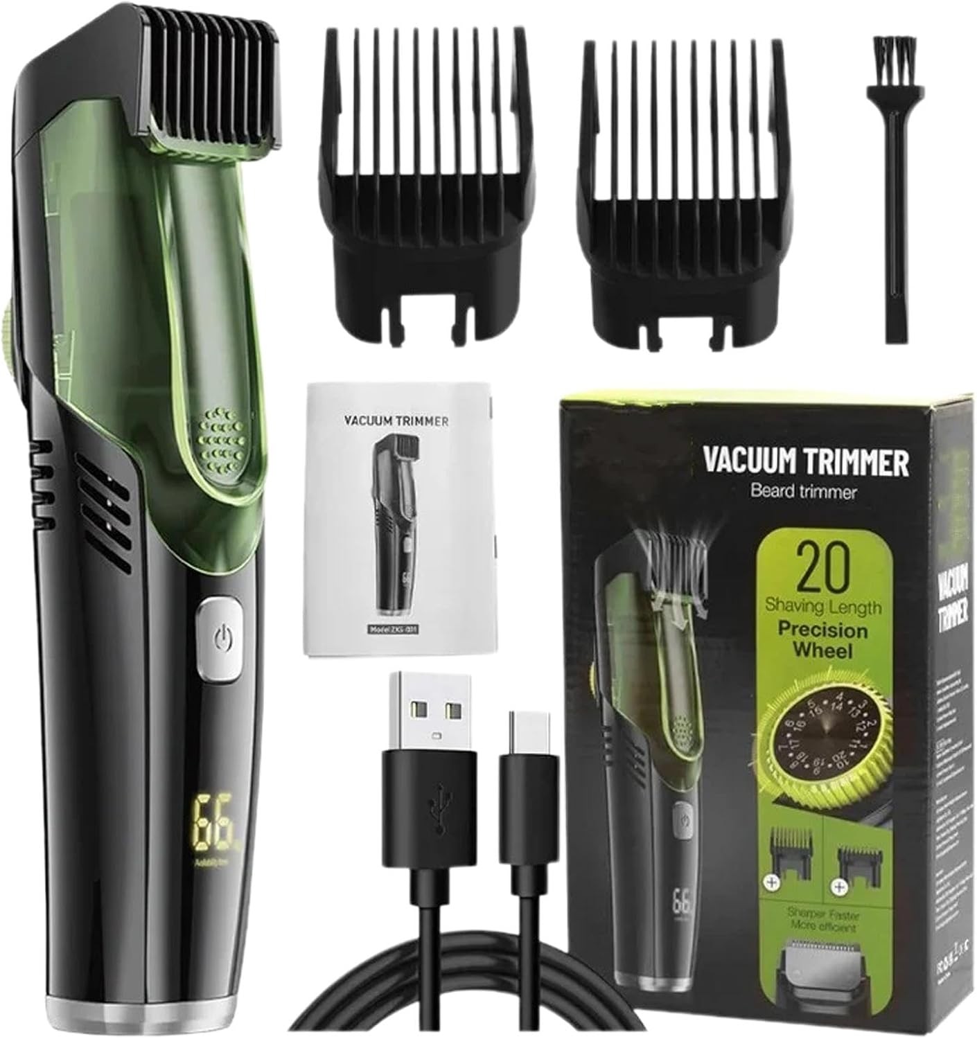 Vacuum Beard Trimmer, Facial Hair Groomer, IPX6 Waterproof, 2 Detachable Combs