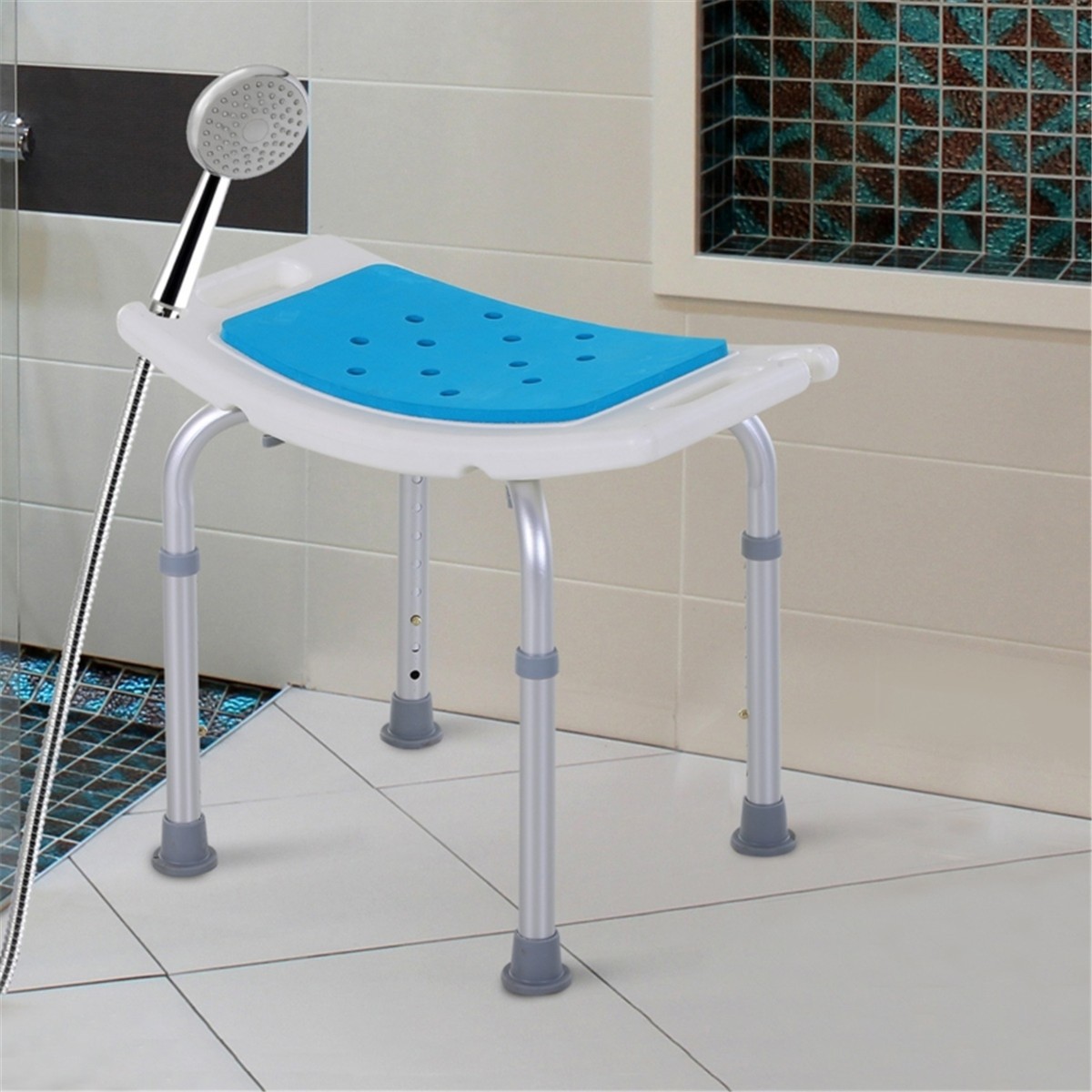 Adjustable Height Shower Chair Bath Stool, 300 lbs Capacity, Blue/White/Silver