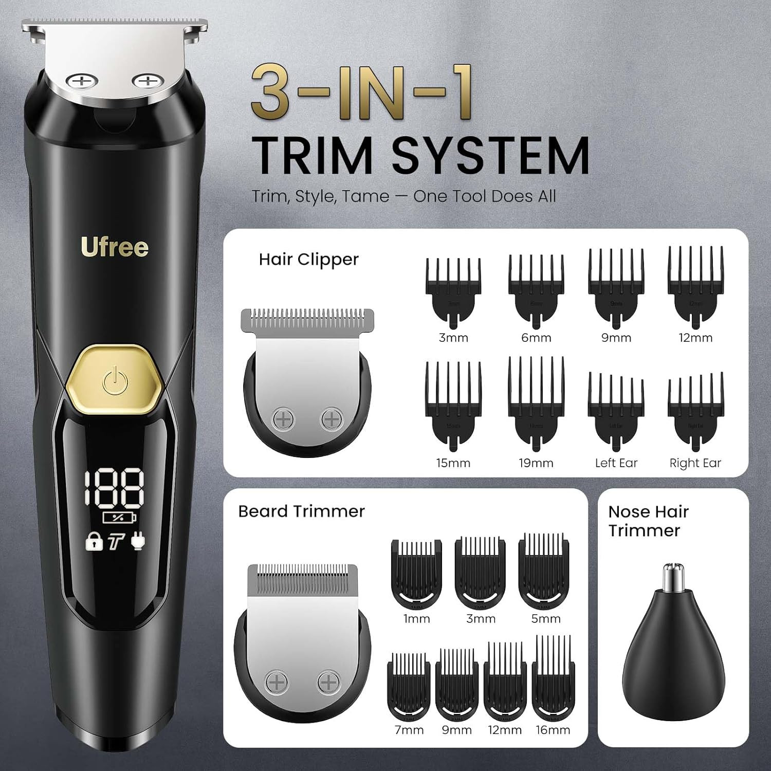 Ufree 3-In-1 Beard Trimmer for Men, IPX6 Waterproof Electric Razor Shaver, Hair