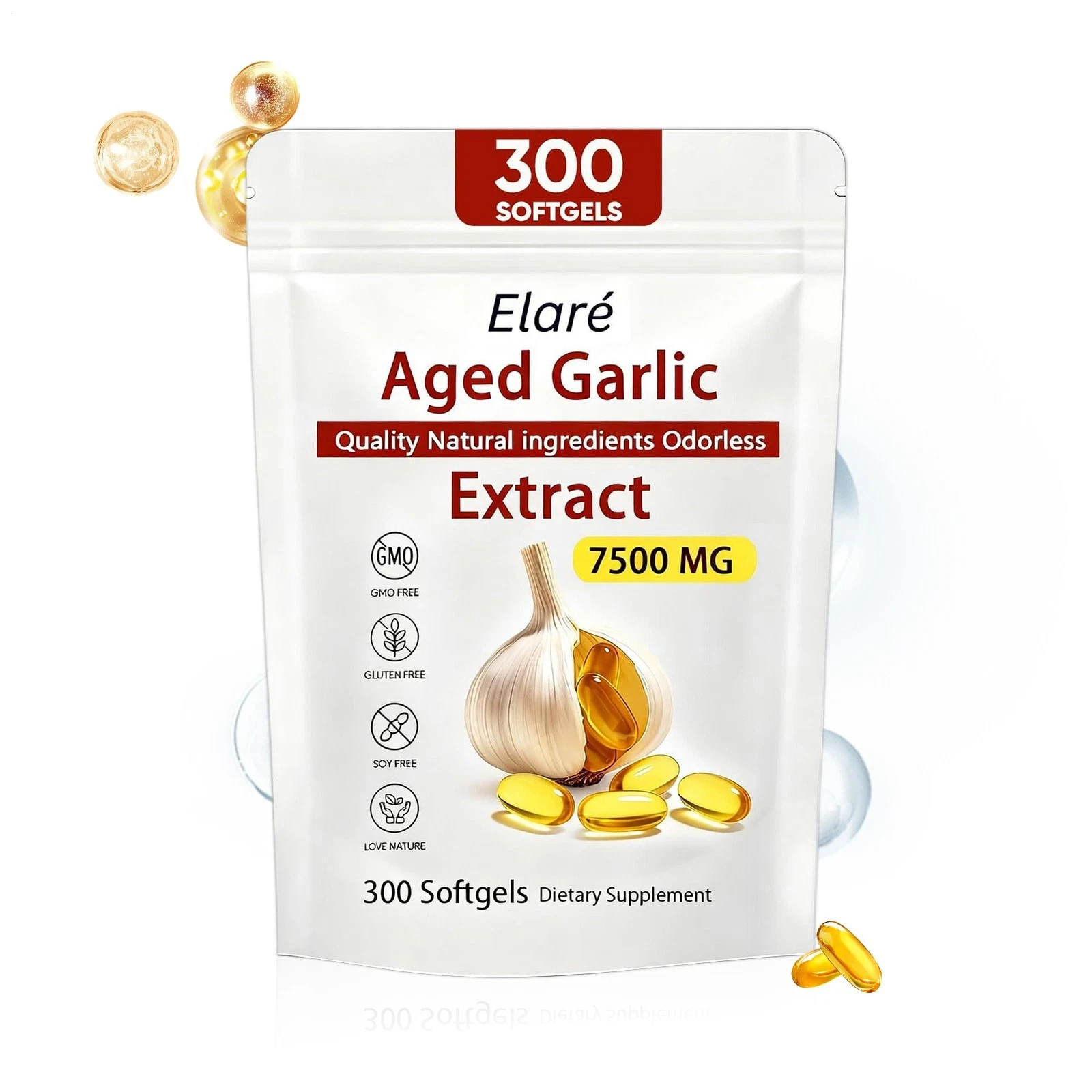 Elare 1-3Package Aged Garlic Extract, 300 Softgels, 7500mg Odorless Heart & Immu