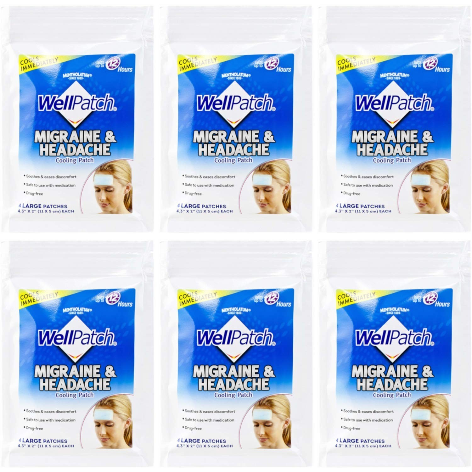 WellPatch Cooling Headache Pads, Migraine, 4 Large Patches- 4.3 x 2 Inch (Pac…
