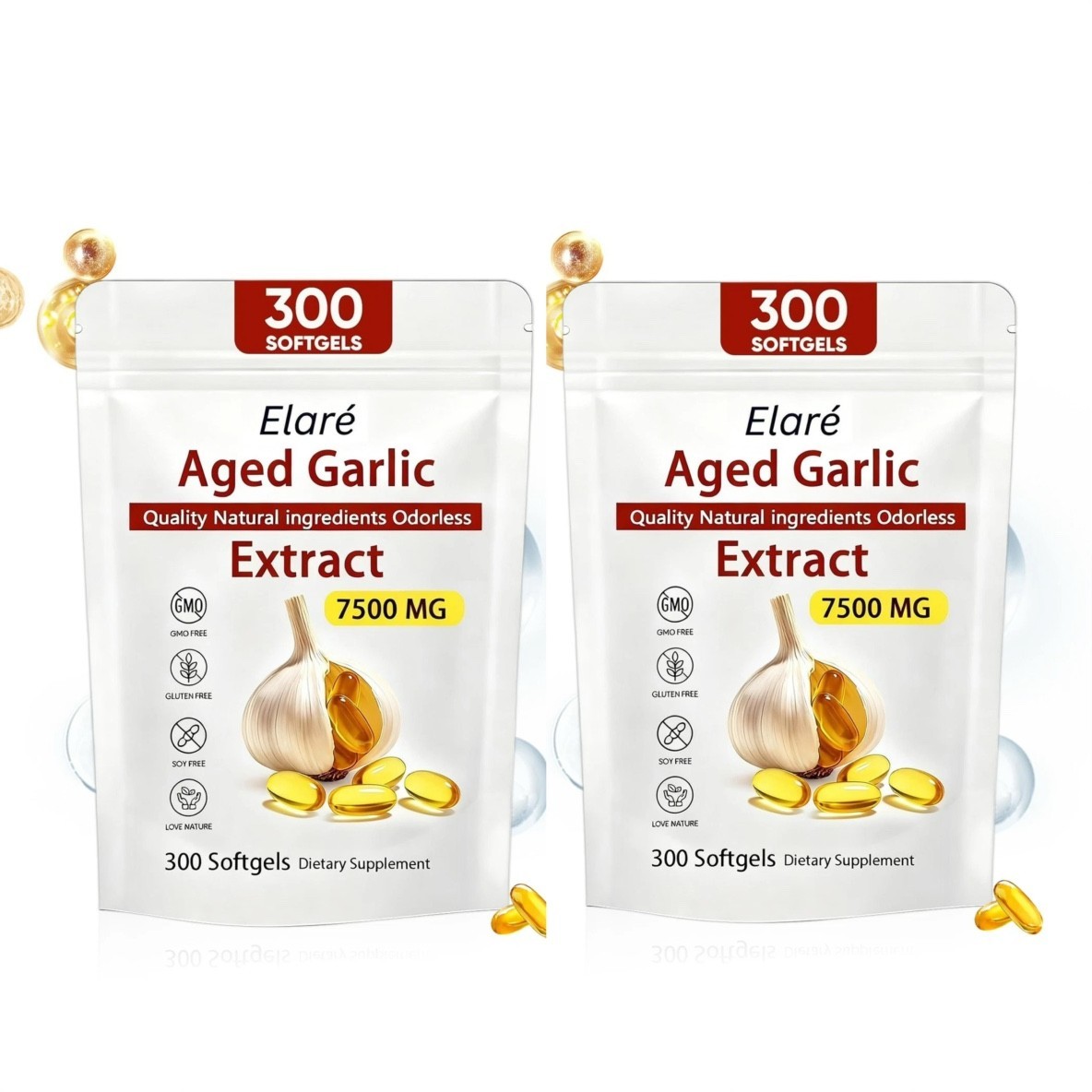 Elare 1-3Package Aged Garlic Extract, 300 Softgels, 7500mg Odorless Heart & Immu