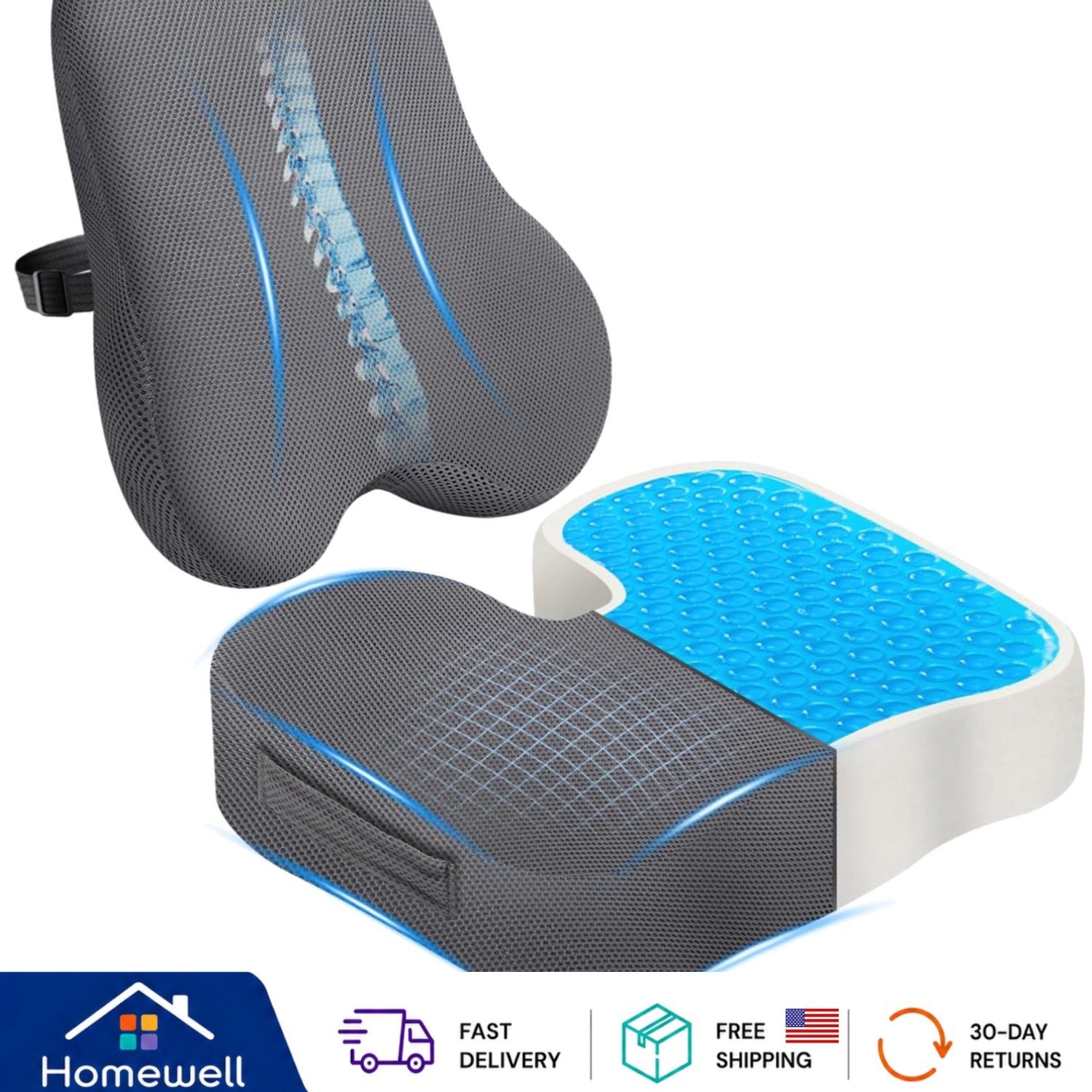 Cooling Gel Seat Cushion & Lumbar Support Pillow Set for Sciatica Relief – Grey